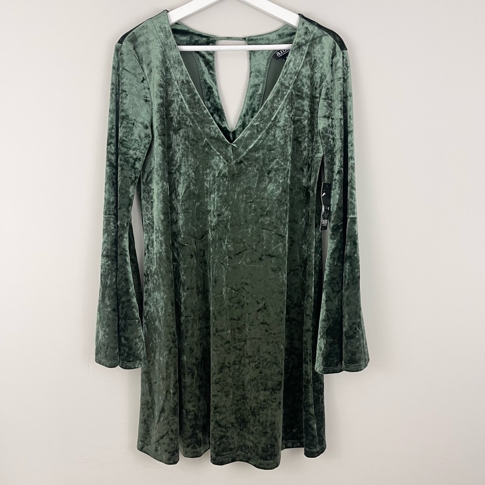 a.n.a A New Approach Green Crushed Velvet Bell Sleeve Shift Dress